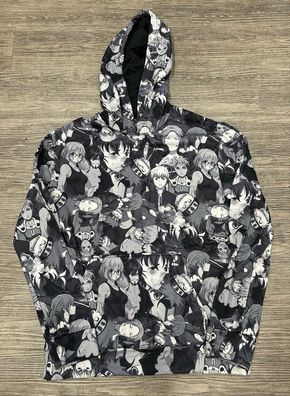 Fresh Prints All-Over Anime Manga Print Graphic Hoodie Black White Men's Size M